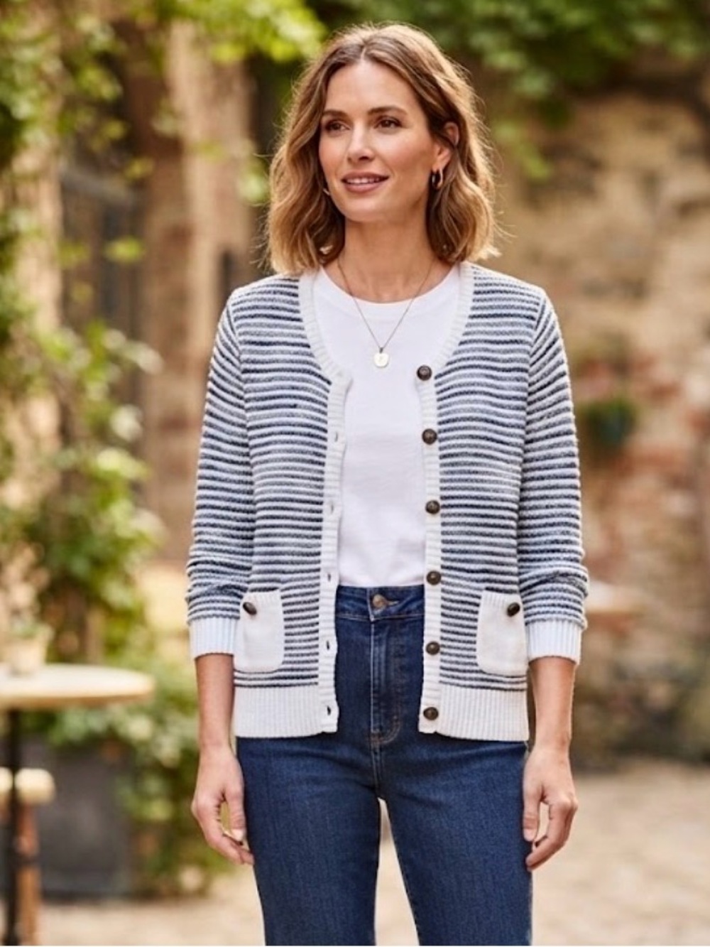 Marble Blue & White Striped 100% Cotton Button-Down Cardigan Sweater 3/4 Sleeve